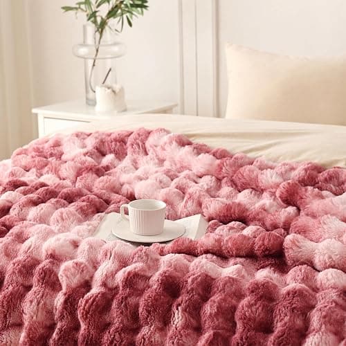 COOVA Faux Fur Throw Blanket for Couch, Cozy Soft and Fuzzy Plush Rabbit Fur Bubble Blanket for Sofa Bedroom Living Room, 50x60 Inches Tie Dye Magenta thumbnail 3