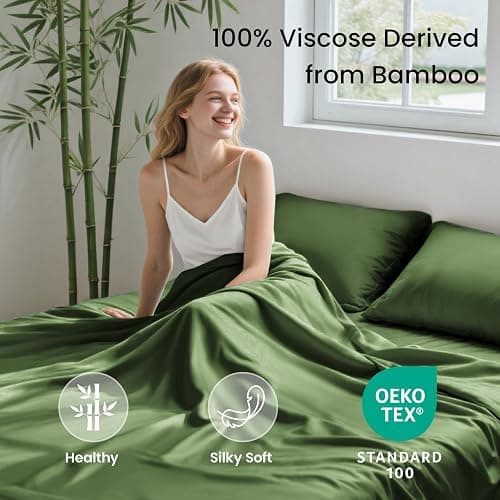 Love's cabin 4 Piece Full Size Sheet Set, 100% Rayon Derived from Bamboo, Cooling & Breathable, Soft Silky Deep Pocket up to 16", Hotel Luxury Bedding for Hot Sleepers, Olive Green thumbnail 2