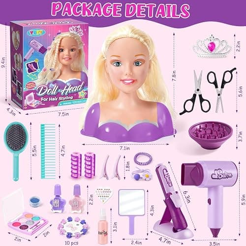 TUZT Hair Styling Doll Head Makeup Kit for Girls Toys, Hair Salon Toys & Real Makeup Nail Polish, Kid Beauty Hair Stylist with Hairdryer Curling Iron, Birthday Gift for Girl 3 4 5 6 7 8+ Year Old Toy thumbnail 6