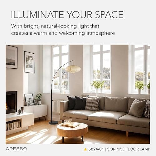 Adesso Floor Lamp, Black & Off-White Paper, Overhead Light, 80” | Corinne 100W Arc Floor Lamp with Oval Shade and Rotary Switch for Living Room, Nursery, Bedroom, or Office Lighting thumbnail 2