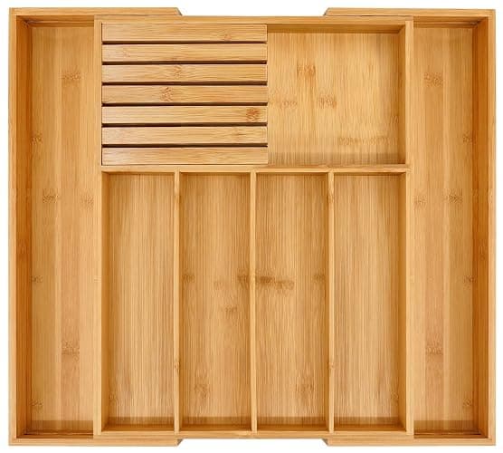 VaeFae Bamboo Silverware Drawer Organizer Kitchen, Expandable Utensil Organizer with Knife Block, Cutlery Tray with Divider, Multifunctional Drawer Organizer - Image 1