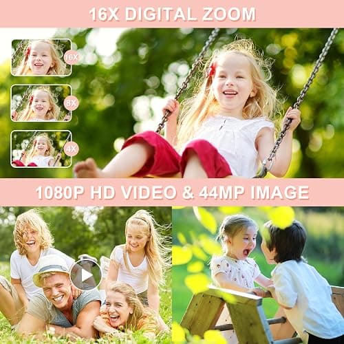 Digital Camera - 1080P FHD 44MP with 2.4" LCD Screen Compact Portable Vlogging Photo Camera with 32gb SD Card 16X Digital Zoom for Kids Teen Students Beginner (Upgrade Pink) thumbnail 2