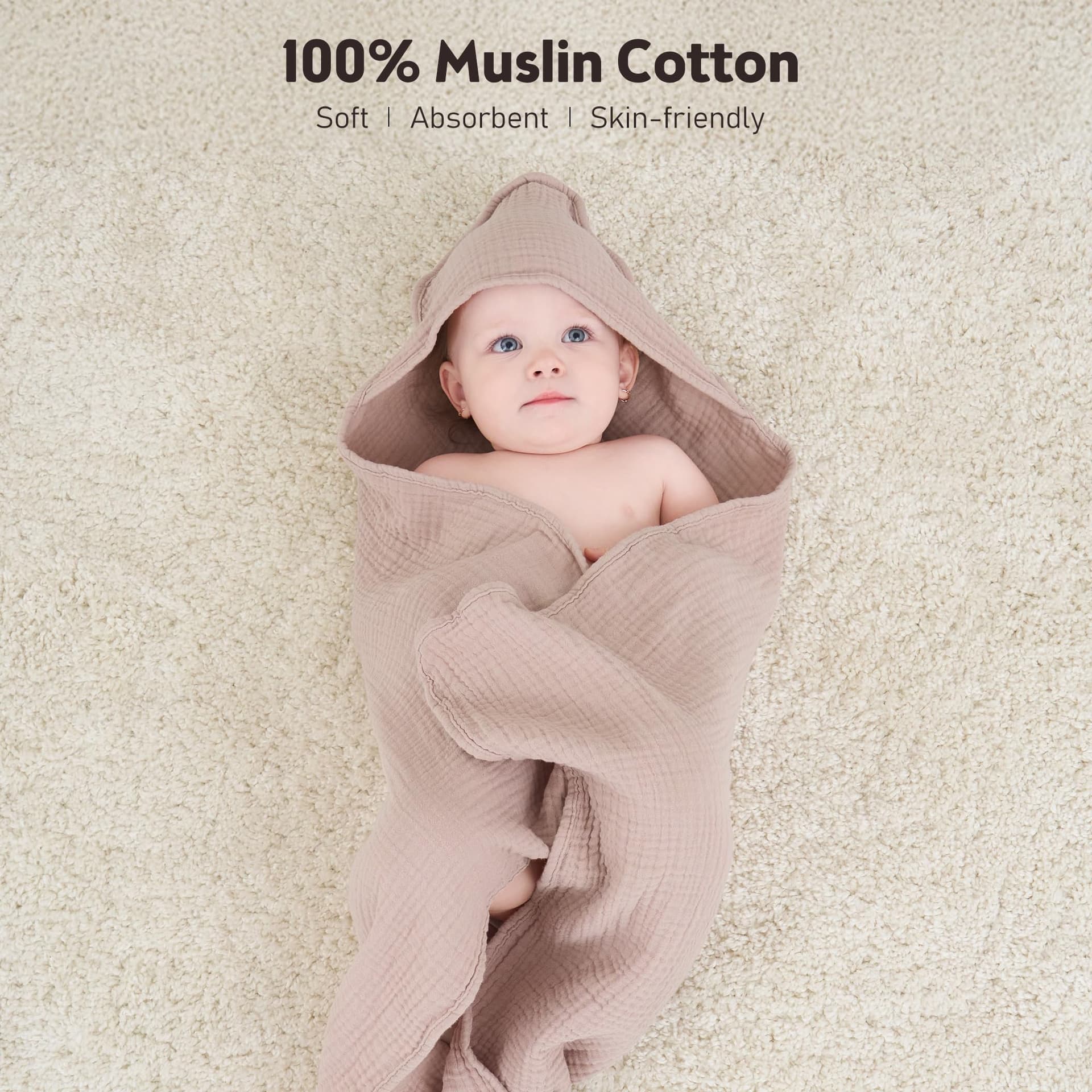 Susurration - Toallas de baño de muselina con capucha para bebé recién nacido, 100% algodón muselina para bebés unisex, niños y niñas - 76 x 76 cm, paquete de 2 (Arena y Crema) thumbnail 3