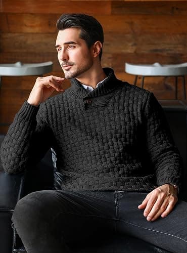 Arcciit Mens Casual Pullover Fall Winter Turtleneck Cable Knit v Neck Fisherman Waffle Sweater thumbnail 2