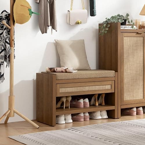 SICOTAS Rattan Shoe Bench Entryway Bench with Storage Drawer and Linen Seat Cushion, Farmhouse Boho Shoe Rack with Shelf, Wooden Storage Bench for Entryway Hallway and Bedroom, Caramel Oak thumbnail 7
