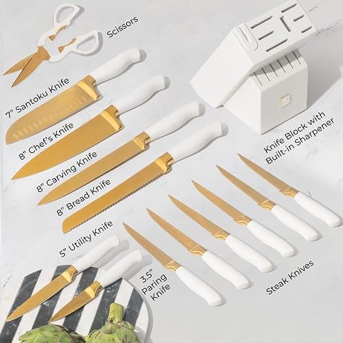 White and Gold Knife Set with Block - 14-Piece White Knife Set with Block and Built-In Sharpener – Titanium-Coated High Carbon Stainless Steel Blades - Gold Kitchen Accessories - Great for Gifting thumbnail 3