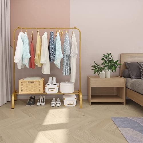 JIUYOTREE Metal 43.3 Inches Garment Rack with Bottom Shelf Clothing Rack for Hanging Clothes Coats Skirts Shirts Sweaters Gold - Gold - no wheel thumbnail 2