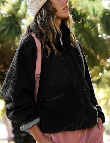 Vimyig Lightweight Cropped Fuzzy Fleece Jacket for Women Winter Warm Sherpa Jackets Coat Outerwear with Pockets thumbnail 5