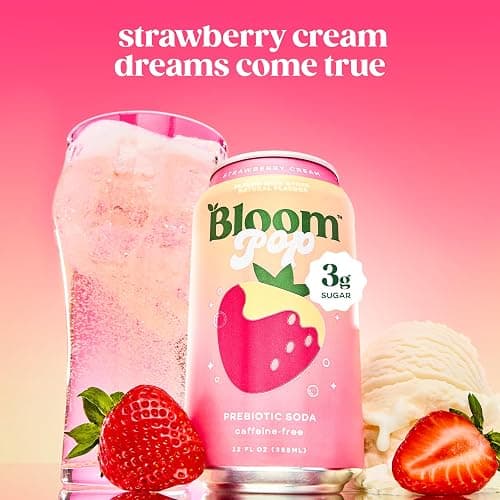 Bloom Pop Prebiotic Soda 12 Pack, Strawberry Cream Flavor, 12oz Cans | Prebiotic Soda for Gut Health, Low Calorie Soda, No Caffeine, Healthy Soft Drink Alternative thumbnail 4