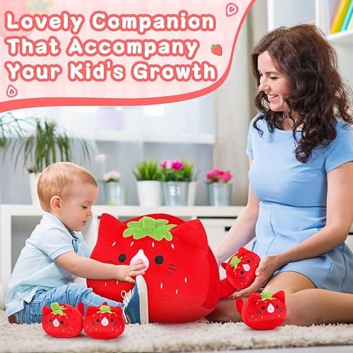 5 PCS Strawberry Cat Plush Stuffed Animal Family-19" Soft Strawberry Cat Plush, Large Mommy Plushies with 4 Baby Kittens Plushies, Kawaii Plushie Toy Christmas Birthday Gifts for Kids Boys thumbnail 2
