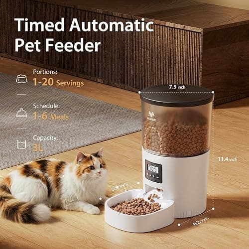 IMIPAW Automatic Cat Feeders, Timed Cat Dry Food Dispenser with Desiccant Bag, Dual Power Supply, Programmable Portion Size, 6 Meals, 20 Portions Per Day, Auto Pet Feeder for Cats and Small Dog, White thumbnail 6