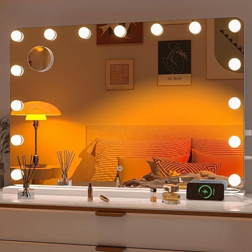 Hasipu 31"x22" Vanity Mirror with Lights, Makeup Mirror with Lights and Magnification, Hollywood Mirror with 3 Color Modes, LED Make up Mirror, Light up Mirror with USB & Type-C Charging - Image 1