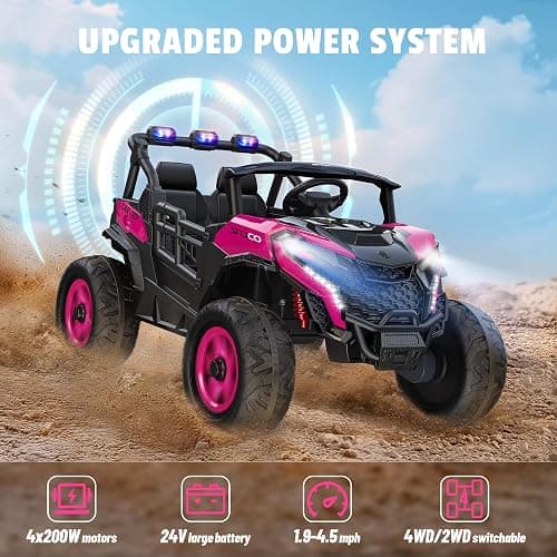 ARBELI 24V 2 Seater Ride on Car Truck 4x200W, EVA Tires, 4WD/2WD, Rainbow Lights, Remote Control, Shock Absorbers, Bluetooth, Ride on Toy for Big Kids Ages 3-8, Pink thumbnail 3