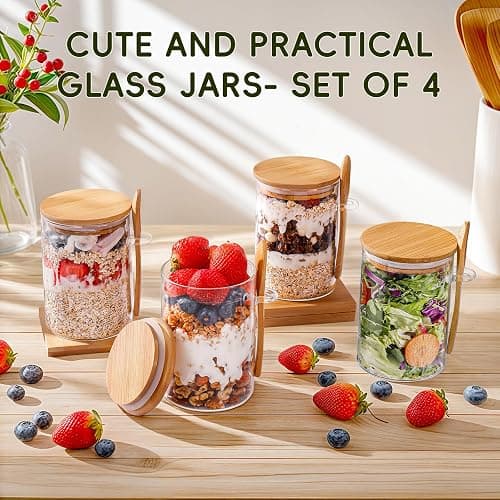 MHDCLY Overnight Oats Containers with Lids,16oz Overnight Oats Jars 4 Pack, Oatmeal Cups,Meal Prep Containers,Glass Meal Prep Containers with Lids,China Pudding Jars thumbnail 4