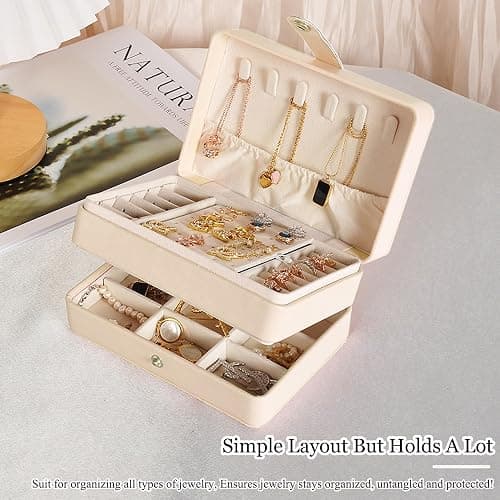 Travel Jewelry Case, 2-Layer Large Jewelry Organizer Box, Beige, PU Leather | Simple & Fashion, Travel Size, Gifts for Mother, Portable Jewelrys Storage Display Holder for Earrings, Necklaces, Bracelets thumbnail 2