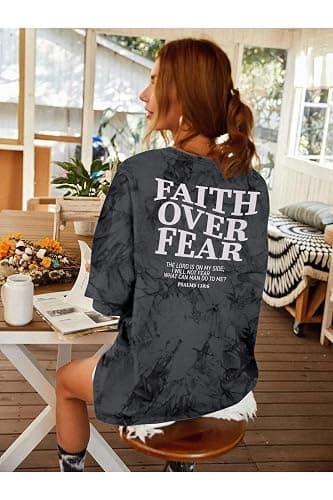 BANGELY Faith Over Fear Shirt Women Graphic Shirts Oversized Workout Gym Christian Religious Tees Drop Shoulder Tee Tops thumbnail 6