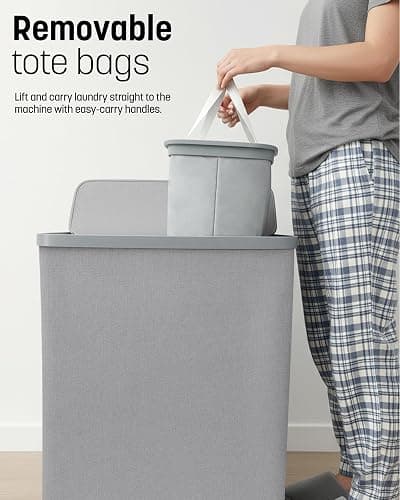 Keplin Collapsible Double Laundry Basket with Lid & Removable Liner – 150L 2-Compartment Clothes Sorter, Fabric Laundry Hamper with Handles, Easy Assembly, Stylish Storage for Home, 56x40x67cm, Grey thumbnail 5