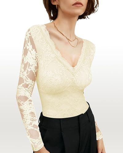 SAUNGKUAI Women's V Neck Lace Bodysuit Long Sleeve Bodysuits Double Lined Going Out Tops Y2K Trendy Thong Outfits thumbnail 4