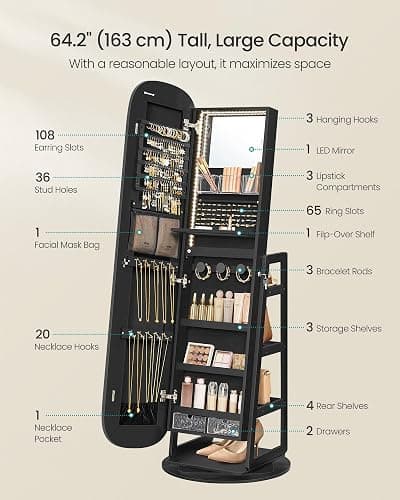 SONGMICS LED Jewelry Cabinet, 360° Swivel Jewelry Organizer, Lockable Mirror Jewelry Cabinet Standing, Rounded Wide Full-Length Mirror with Storage Shelves, Interior Mirror, Ebony Black UJJC036B01 thumbnail 5