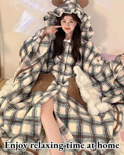 Neglance Plaid Hooded Cloak Plush Pajamas Robe Cute fuzzy Women's Winter Fleece Bathrobe with Pockets kawaii Loungewear thumbnail 3
