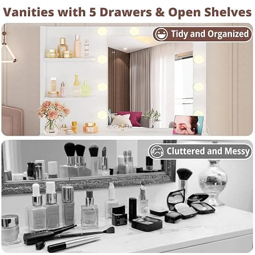 IRONCK Vanity Desk with Mirror and Lights, Small Makeup Vanity Table with 5 Drawers, Power Outlet, and Vanity Stool, 3 Lighting Colors, Dressing Table for Women Girls Bedroom, White thumbnail 7