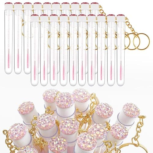 Mekupeu 20pcs Mascara Wands Set Includes Crystal Eyelash Spoolies Eyebrow Brush and Reusable Diamond Key Chain Tube Eyelash Extension Supplies (Pink) - Image 1