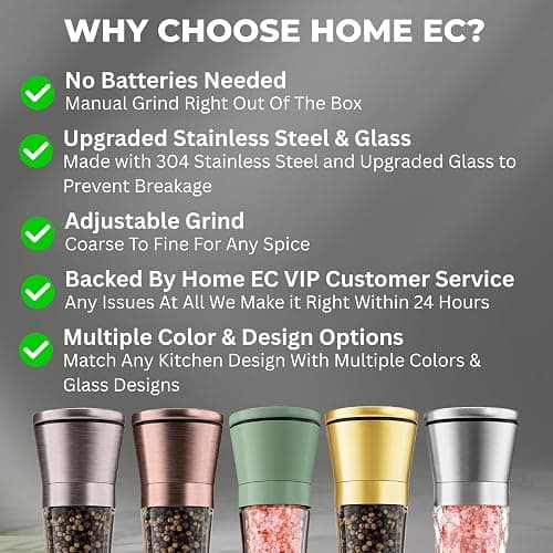 Home EC Premium Stainless Steel Sea Salt and Pepper Grinder Set of 2 - Adjustable Ceramic - Tall Glass Salt and Pepper Shakers - Kitchen Spice Mill W/Funnel & EBook thumbnail 6