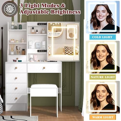 Umeiga Vanity Desk with Sliding Mirror and LED Lights, Small Makeup Vanity Table Set with Chair and Drawers, White Vanity with Lighted Mirror for Bedroom, Dressing Table for Teen Girls and Women thumbnail 4
