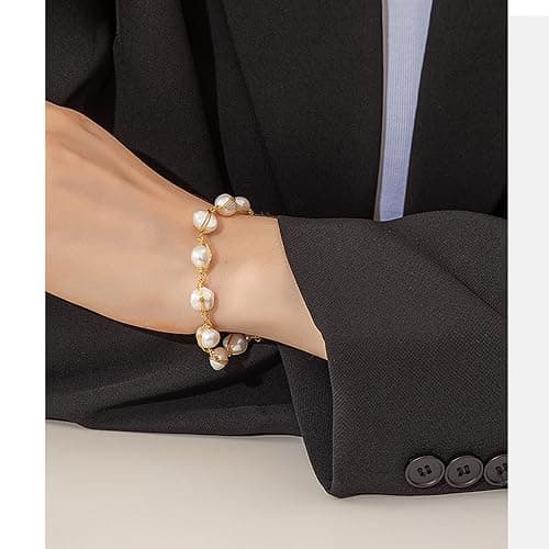 Cowlyn Pearl Bracelet Baroque Cultured Pearl Link, 14K Gold Plated Beaded Link Chain Charm Bracelets for Women Handmade Jewelry thumbnail 2