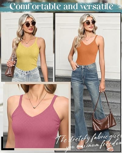 Yearntown 3 Pack Women's Ribbed Tank Tops Spaghetti Strap V Neck Slim Fit Cotton Camisole Knit Basic Sleeveless Camis Shirts thumbnail 6