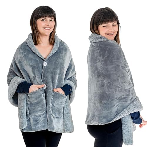 Premium Double Layer Poncho Blanket -No Sleeves Easy On Easy Off- Drape and Go- Top Christmas Gifts for Grandma, Gift for Mom and Elderly Women (Silver Grey) - Image 1