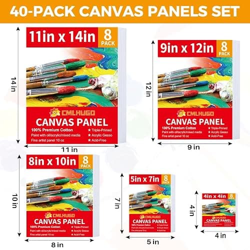 40 Pack Stretched Canvas Boards for Painting 8 of 4x4, 5X 7, 8x10, 9x12, 11x14 Art Blank Canvases, Gesso Primed 100% Cotton Canvas Panels for Acrylic Oil Watercolor Adults & Kids thumbnail 3
