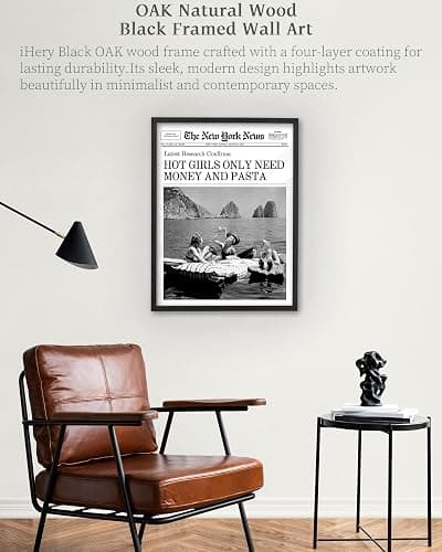 iHery 12x16in Natural Black OAK Wood Trendy Newspaper Framed Wall Art, Modern Hot Girls Only Need Money And Pasta Canvas Wall Decor For Girly Dorm Bedroom Living Room 1Pack thumbnail 8