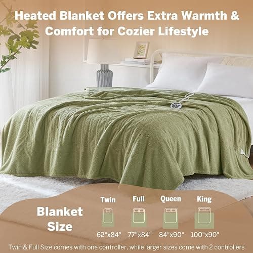 Serta Heated Blanket, Electric Twin Size, Soft, Warm, Fuzzy - Auto Shut Off Timer, 10 Lv Heat Setting, ETL Certified, 62" x 84" Sage thumbnail 9