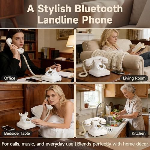 Bluetooth Retro Landline Phone for Cell Phone, Rotary Home Phones, White | Vintage Old Fashioned Telephone with Speakerphone & Volume Control, Wireless Rechargeable Telephone for Bedroom, Home Office thumbnail 6