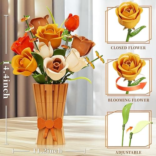 Flowers Set with Vase for Adults Compatible with Lego Flowers, Icon Roses Bouquet Botanical Collection Kits Artificial Flower Set, Valentines Day Gifts for Her Him Kids 14+, Home Office Decorations thumbnail 2
