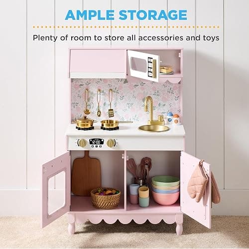 Best Choice Products Toddler Kitchen Playset, Wooden Cottage Kids Play Kitchen with 5 Accessories, Toy Storage, Scalloped Edge, and Pretend Play Microwave, Oven, Clicking Knobs - Pink thumbnail 3