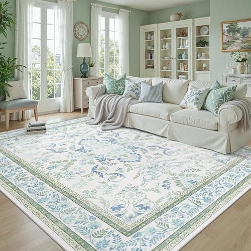 DCX Green 5x7 Rug, Kid & Pet Friendly with Rubber Back Non Slip, Machine Washable Stain Resistant Botanical Floral Rug for Living Room, Bedroom, Home Office, Soft Low Pile Large Nursery Carpet - Image 1
