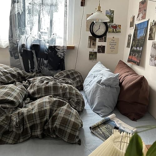 MKXI Buffalo Plaid Duvet Cover Twin XL - 3 Piece Washed Cotton Bedding Set, Blue Brown Green Vintage Aesthetic, Soft Breathable with Zipper Closure thumbnail 3