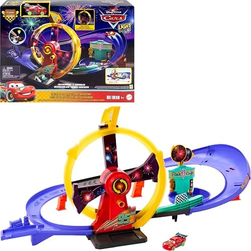 Mattel Disney and Pixar Cars Race to Celebrate Celebration Raceway | Toy Track Set with Light-Up Lightning McQueen, Loop & Wind-Up Kicker - Image 1