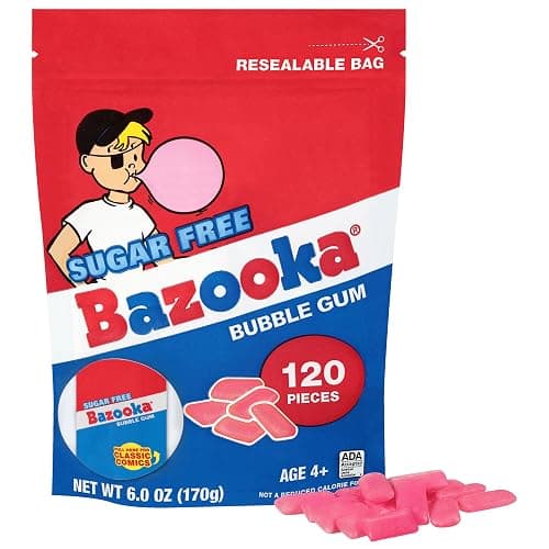 Bazooka Bubble Gum Sugar-Free Chewing Gum Pellets, Bulk Gum in Resealable Bag, 120 Ct in Original Pink Flavor, Sugar Free Bulk, Baseball Party Favors, Nostalgic 90s Candy - Image 1