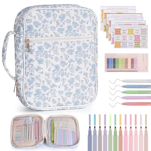 Bible Cover Case for Women, Large Quilted Bible Carrying Case with Handles, Bible Study Supplies & Accessories Christian Gifts for Women(Blue Flower) - Image 1