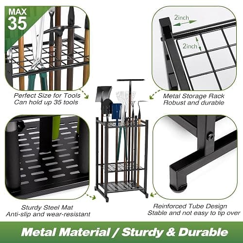 Garden Tool Organizer, Yard Tool Tower Rack for Garage Organization and Storage, Up to 35 Long-Handled Tools/Rakes/Brooms, Heavy Duty Steel Garden Tool Stand for Shed, Outdoor, Black thumbnail 3