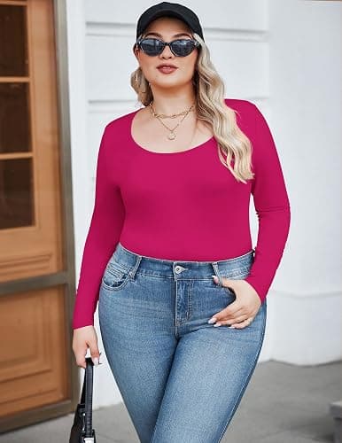 IN'VOLAND Women's Plus Size Long Sleeve Shirts Scoop Neck Slim Fitted T Shirt Stretchy Bodycon Basic Tee Tops thumbnail 3