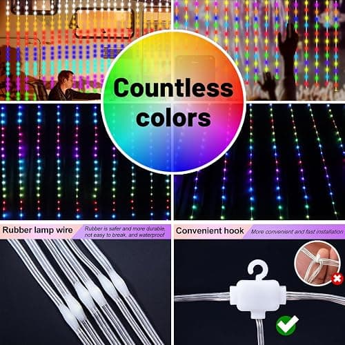 HXWEIYE 300LED Fairy Curtain Lights, 9.8x9.8Ft USB Plug-in 8 Modes Christmas String Hanging Lights with Remote for Bedroom Backdrop Wedding Indoor Wall Decor, RGB Color Changing, Standard – 1 Pack thumbnail 2