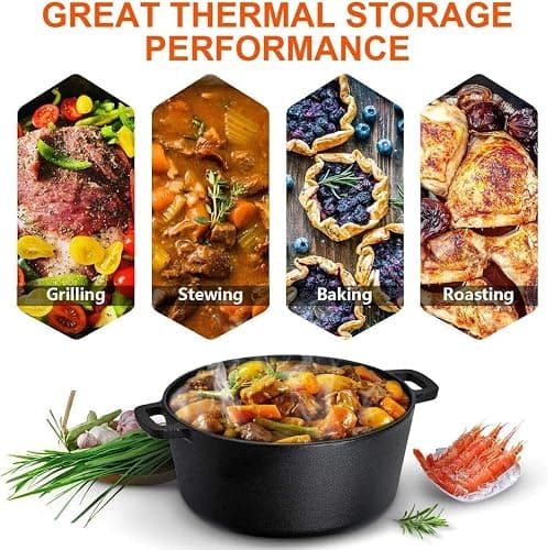 Overmont Olla Holandesa 4.73 L/ 5 Quart Cacerola de Hierro Fundido Tapa de Doble Función Sartén Plancha Pre Sazonado con Cubiertas de Manijas para Camping Cocina Casera Barbacoa Hornear thumbnail 4