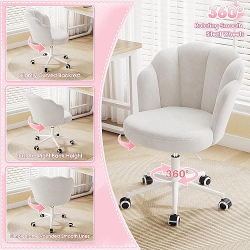 Homkdom Desk Chair with Wheels & Petal Back | Height Adjustable, 360 Swivel, Armless Design, Stylish and Comfortable for Home Office, Study Room - White thumbnail 7