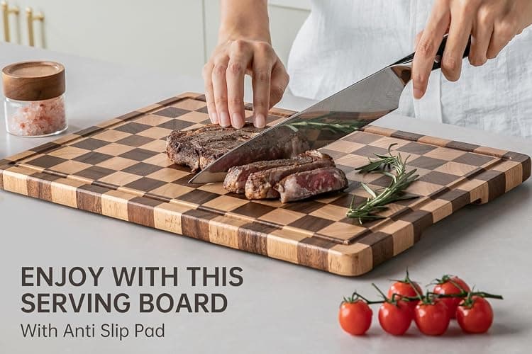THETCHRY Cutting Boards for Kitchen, Checkered Cutting Board Upgraded, Acacia Wood Chopping Board with Juice Grooves & Handles, Large Butcher Block Serving Tray with Gift Box, 16.5" x 11.6" x 0.8" thumbnail 6