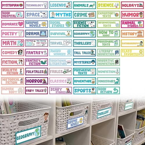 Tinlade 56 Pcs Back to School Classroom Library Labels for School Genre Topic Book Classroom Library Organization Teacher Supplies Cards for Book Bins Bookshelf Reading Corner(Classic) - Image 1