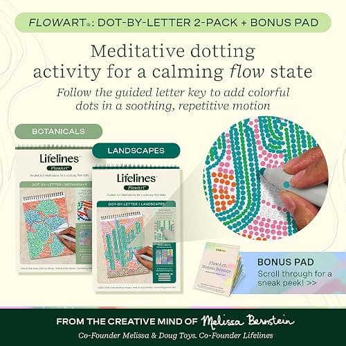 Lifelines FlowArt Activity Pad, 2-Pack & Bonus Pad - Guided Dot-by-Letter Art Meditations with Markers - Color by Number/Letter Coloring Books for Tweens, Adults & Seniors thumbnail 2